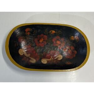 Tole Style Carved Painted Wood Bowl Oval Black Gold Floral Primitive Decor 10.5"